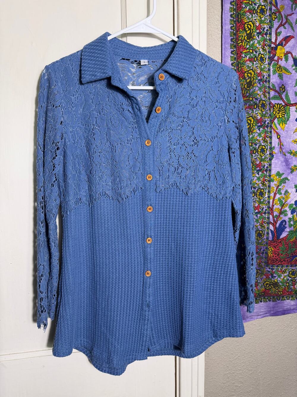 Blue Lace Waffle Knit Button Front Top Small Boho Cottagecore Long Sleeve